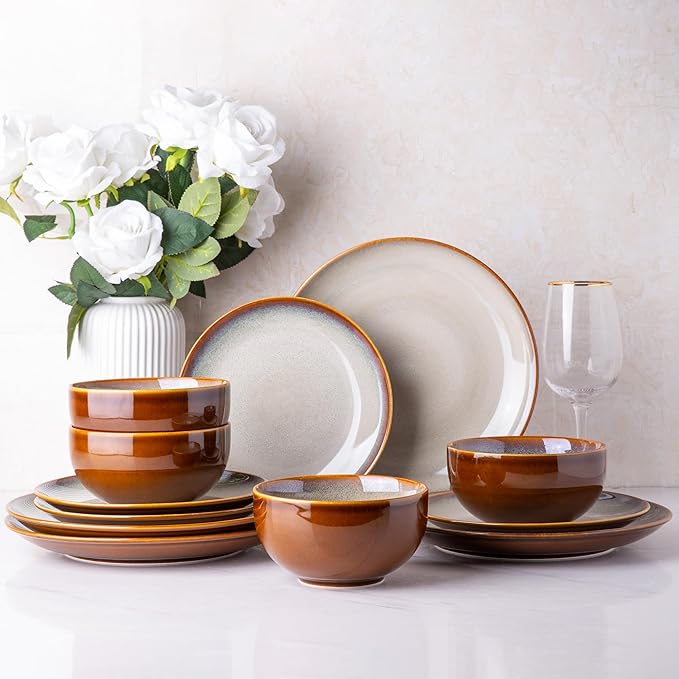 LERATIO Ceramic Dinnerware Sets for 4, Coupe Plates and Bowls Sets,Highly Chip and Crack Resistant | Dishwasher & Microwave & Oven Safe Dishes set,Reactive Glaze Dinnerware- Service for 4(12pcs)