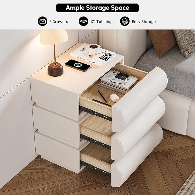 homary White Leather Nightstand with Wireless Charger, Smart Night Stand with Charging Station, Modern Bedside Table with 3 Drawers for Bedrooms Living Rooms Offices