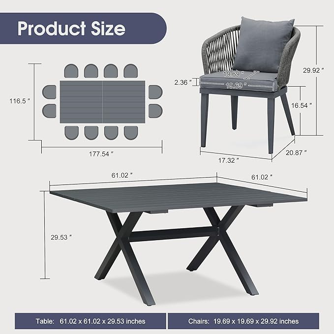 PURPLE LEAF 14 Pieces Patio Dining Table Set Wicker Outdoor Furniture Oversize Rectangular Table and Chairs Set for Garden Deck Aluminum Frame Backyard Kitchen Set, Cushions and Pillows Included Grey