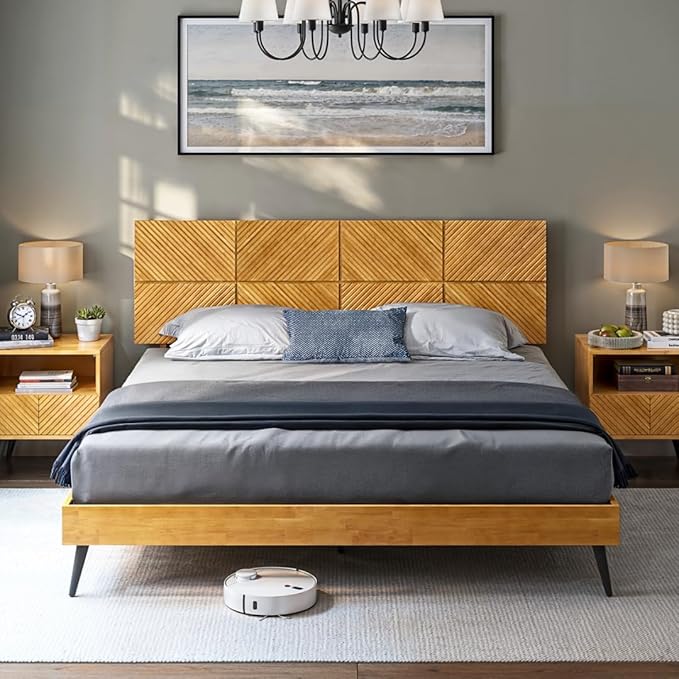 Bme Rhombus King Bed Frame – Solid Acacia Wood with Geometric Rhombus Headboard, Teak Brown Finish, Scandinavian Modern Platform Bed with Sturdy Slats & Metal Legs, No Box Spring Needed