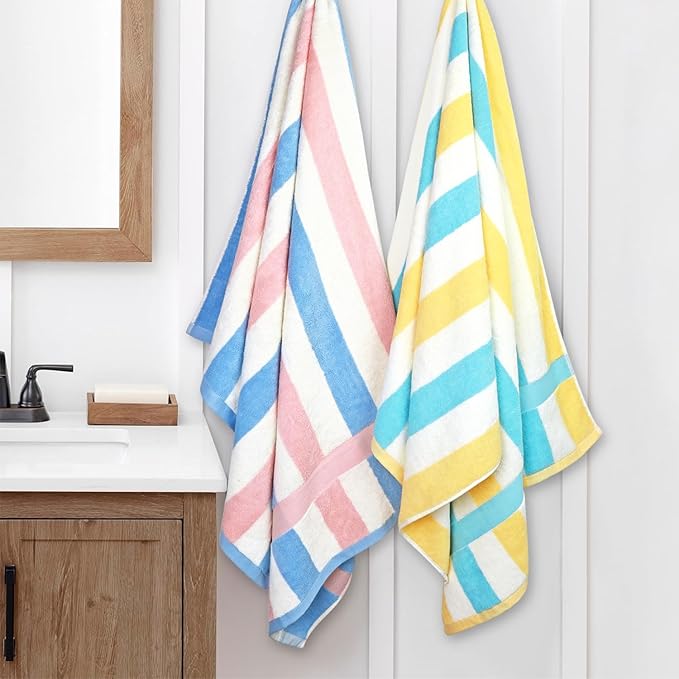 Jacquotha 100% Cotton Bath Towels Set of 2 Highly Absorbent Striped Towels for Bathroom Hotel Spa, Peach Pink & Teal