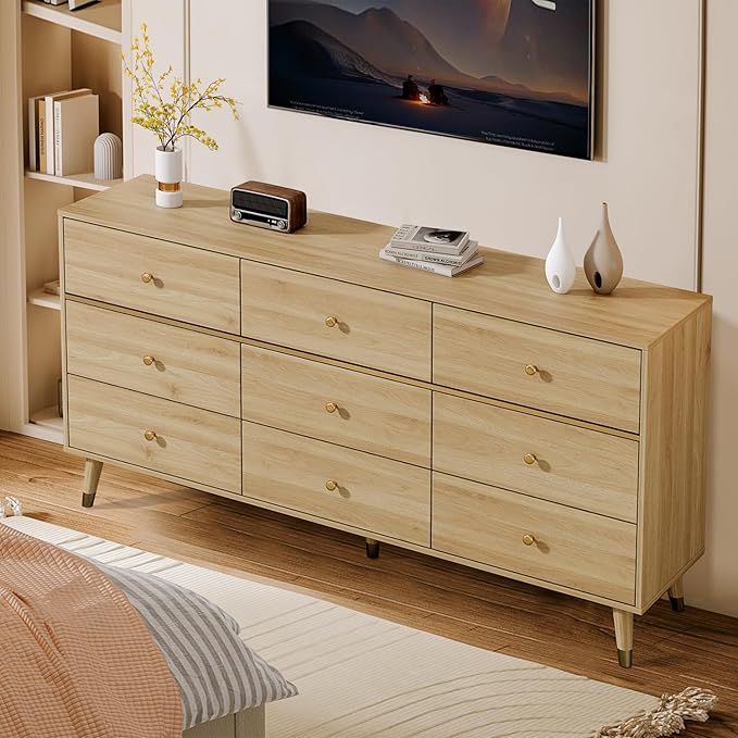 9 Drawer Dresser 63" Wide Mid Century Modern Chest of Drawers, Wood