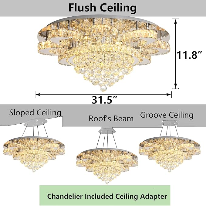 Modern Chandelier Living Room Glam Chandeliers Ceiling Light Fixture Remote Dimmable Lights 32 Inches Luxury Crystal Silver Light