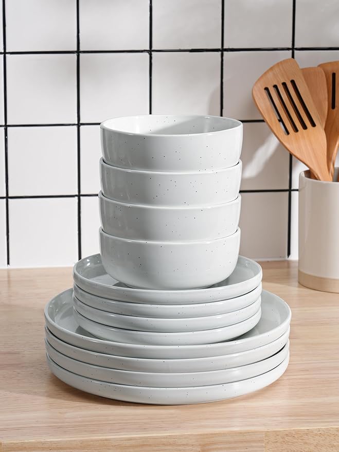 Famiware Dawn 24 Pieces Dinnerware Set, Speckled Plates and Bowls Sets for 8, Matte Dish Set, Microwave and Dishwasher Safe, White