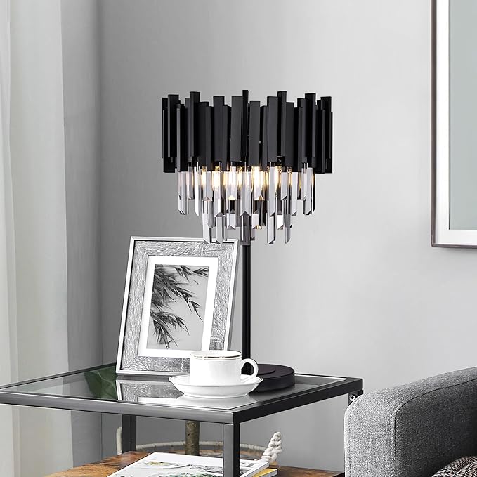 Wellmet Grey Crystal Table Lamp,3 Lights Table Lamps for Bedroom,Black Bedside Nightstand Lamps for Living Room,Small Decorative Desk Lamp for Reading Room