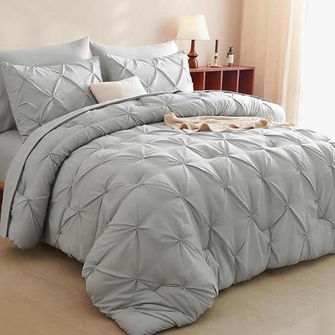 CozyLux Queen Comforter Set Light Grey, 7 Pieces Pintuck Bed in A Bag, Premium Gray Comforter Queen Size, Pinch Pleat Bedding Sets with Comforter, Sheets, Pillowcases & Shams