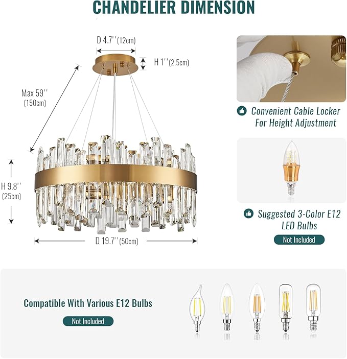 Siljoy Modern Crystal Chandelier, 12-Light Luxury Round 2-Tiers K9 Crystal Raindrop Chandelier, Brushed Brass Gold Crystal Pendant Ceiling Light for Living Dining Room Kitchen Island Foyer D19.7''