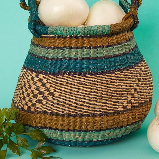 Kitchen Decor, Kitchen Storage, Fruit Basket, Wicker Basket, Woven, Shelf Decor, Decorative Basket, Harvestng Basket, Boho, African, Bolga, Pot Shape, 9" W, Small, Blue Green