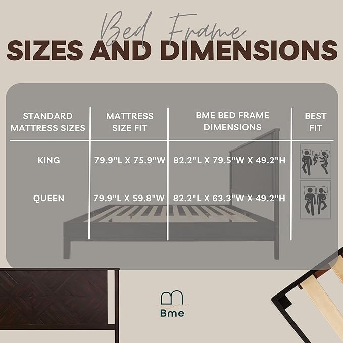 Bme Ethan Queen Bed Frame with Diamond Headboard, Mid-Century Modern, Solid Acacia Wood, No Box Spring Needed, Fits All Mattresses, Rustic Black