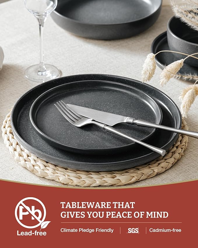 Famiware Milkyway Plates and Bowls Sets, 24 Pieces Dinnerware Sets, Reactive Glaze Dish Set, Stoneware Dishes Set for 8, Matte Dark Charcoal