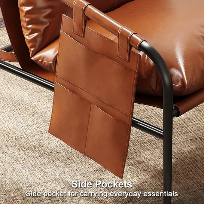 homary Brown Leather Accent Chair for Living Room Metal Frame, Padded Arms Side Pockets Granular Cotton Filling (Black & Brown)