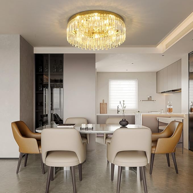 24in Gold Crystal Chandeliers Flush Mount Ceiling Light, 8 Lights Modern Crystal Ceiling Light, Large Round Chandelier Lighting Fixture for Dining Room Living Room Bedroom Kitchen
