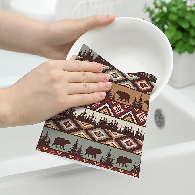 Vintage Rustic Dish Towels Set of 2 Bear Mountain Cabin Farmhouse Kitchen Towels 16x24