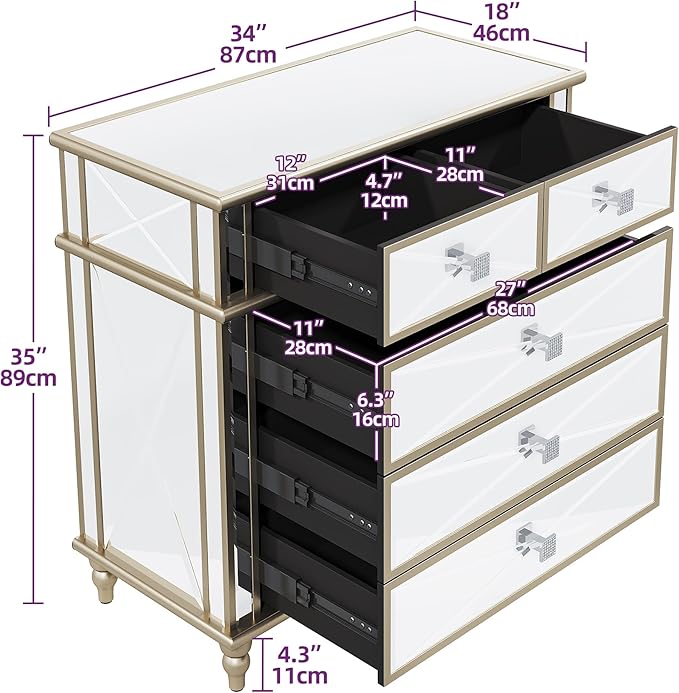 DWVO Gold 5 Drawers Dressers for Bedroom, 35" Accent Chest with Drawers