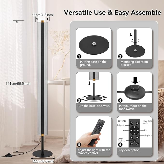 NUÜR Modern Floor Lamp, Dimmable Standing Lamp with Remote Control, Stepless Adjustable Colours & Brightness, Industrial Lighting for Living Room, Bedroom, Office (LED Floor Lamp)