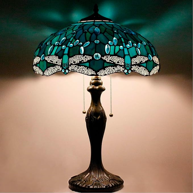 WERFACTORY Tiffany Table Lamp Green Stained Glass Dragonfly Bedside Lamp 16X16X24 Inches Desk Reading Light Metal Base Decor Bedroom Living Room Home Office S622 Series