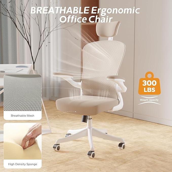 Ergonomic Office Chair with Adjustable Lumbar Support & Flip-Up Armrests - High Back Desk Chair with Thickened Seat Cushion, Rolling Wheels for Home/Office Study Work
