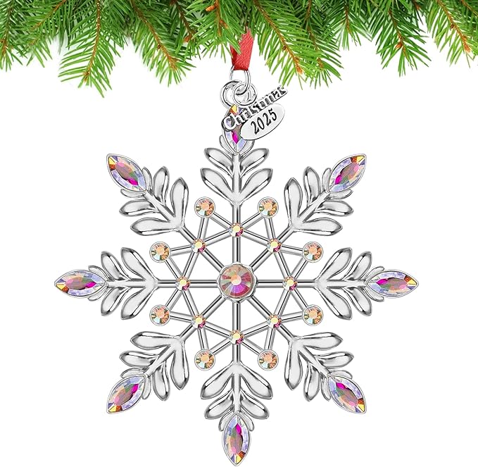 Christmas Snowflake Ornaments 2025 Decorations for Christmas Tree, Metal Hanging Rhinestones Ornament Decor, Glitter Crafts Snowflake Decorations Indoor Xmas Gifts for Holidays Winter Annual Keepsake