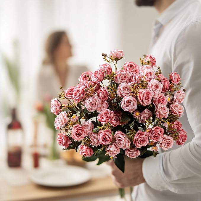 Artificial Flowers for Outdoor 4 Bundles Rose Bouquet with Daisy Faux Flowers UV Resistant for Home Indoor Outside Garden Porch Window Box Balcony Yard Porch Decor (Pink)
