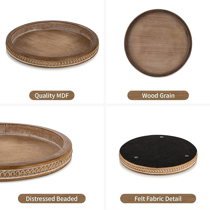 Hanobe Decorative Serving Tray Round: Brown Beaded Trays for Rustic Wooden Decor Farmhouse Vintage Centerpiece for Living Room Kitchen Counte