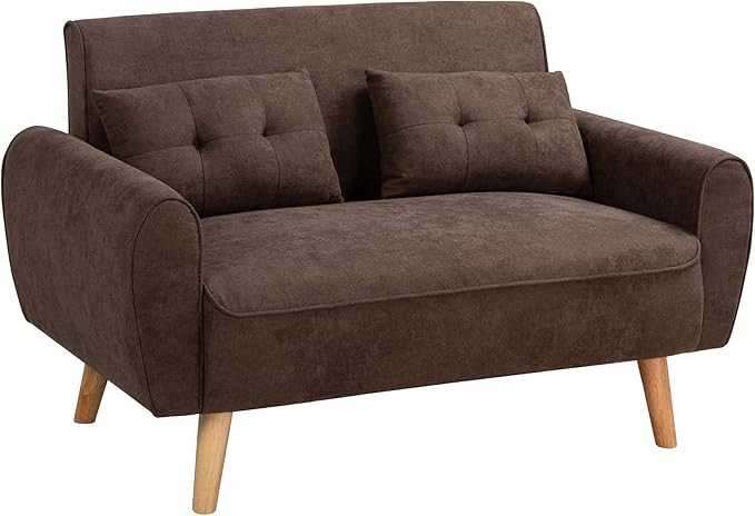 Shintenchi Loveseat Sofa Couch Mid Century Fabric Upholstered 2 Seater with Pillows, Brown