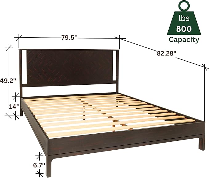 Bme Ethan King Size Bed Frame with Diamond Headboard, Rustic Mid-Century Modern, Solid Acacia Wood, No Box Spring Needed, Slat Support, Rustic Black