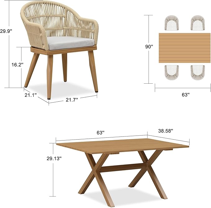 PURPLE LEAF 5 Pieces Patio Dining Set with Outdoor Aluminium Dining Table and Woven Chairs Modern Metal Furniture Cushions Sets for Garden Yard Indoor Decor Kitchen Teak