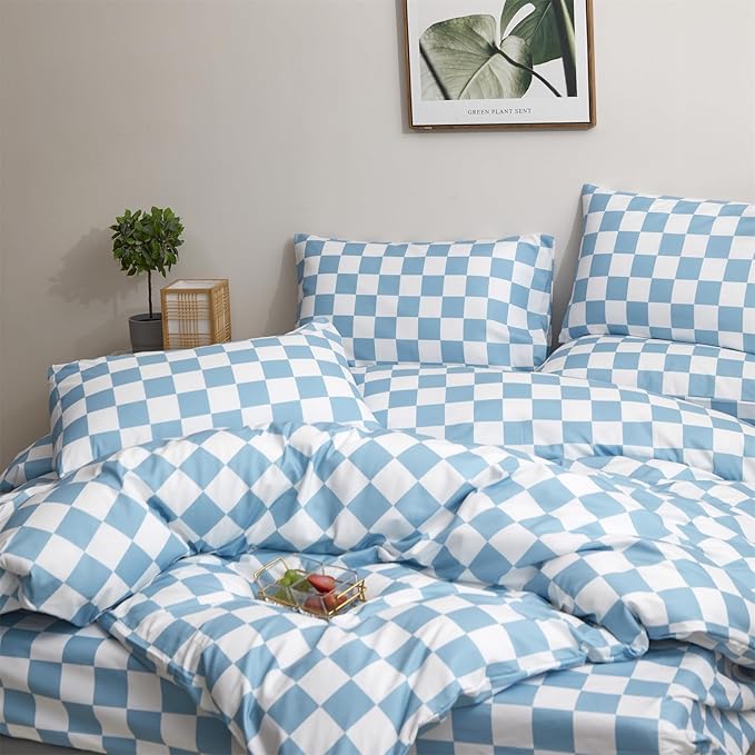 CLOTHKNOW Blue White Plaid Queen Comforter Set Grid Bedding Comforter Sets All Season Light Blue Comforter Checker Queen Size Comforter Sets