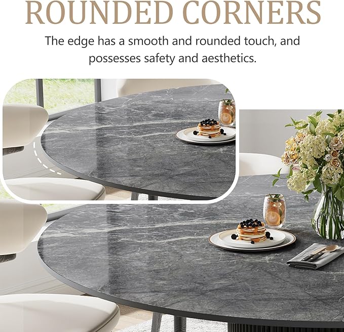 59" Modern Round Dining Table for 6, Gray Sintered Stone Dining Room Table with Black Fluted Metal Pedestal, Easy Assembled Circle Kitchen Table for Home, (Table Only)