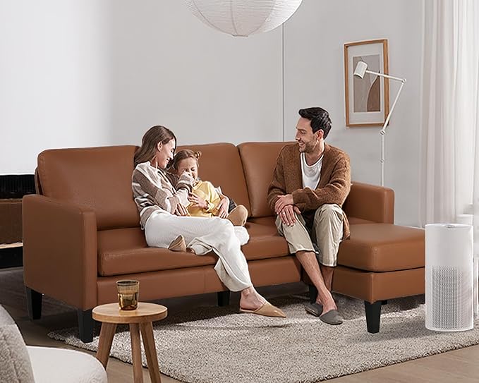 Small Sectional Sofa L Shape Convertible Leather Sleeper Couch with Lounge for Living Room Office Apartment, Brown