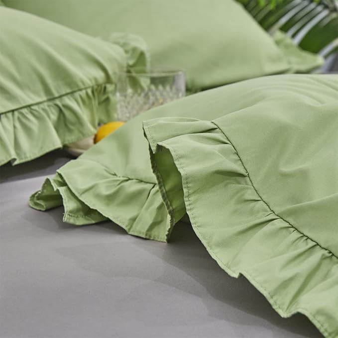 CLOTHKNOW Green Ruffles Queen Comforter Set 3Pcs Farmhouse Bedding Comforter Sets Soft Sage Green Comforter with 2 x Pillow Cases