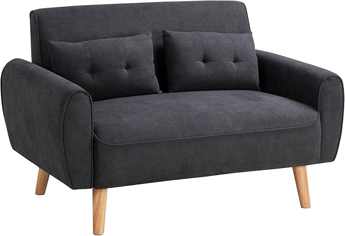 Shintenchi Small Loveseat Sofa Mid Century Fabric Upholstered 2 Seat with Pillows for Small Living Room Studio Apartment, Black