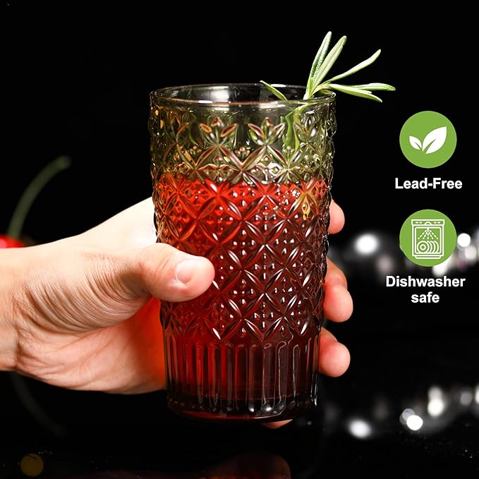 Green Drinking Glasses Set of 12, 14 Oz Highball & 10 Oz Cocktail Glasses, Green Kitchen Vintage Glassware Set, Floral Embossed Glass Tumbler Cups for Coffee, Beer, Water, Whiskey, Juice