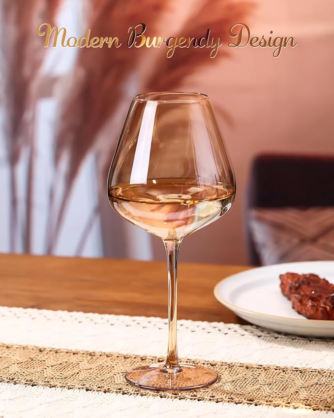 Physkoa Amber Brown Wine Glasses Set of 6-18oz Long Stemmed Dark Amber Wine Glass,Hand Blown Fall Wine Glasses
