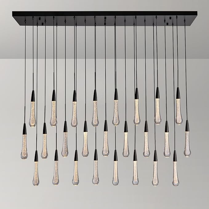Black Rectangle Raindrop Chandelier with Glass,25-Lights Luxury Farmhouse Large Linear Chandeliers for Dining Room Over Table, Brass Pendant Ceiling Light Fixture for Kitchen Island