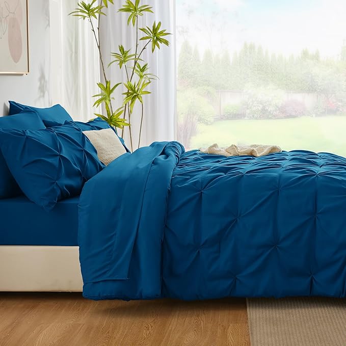 CozyLux Queen Comforter Set Teal, 7 Pieces Pintuck Bed in A Bag, Premium Teal Comforter Queen Size, Pinch Pleat Bedding Sets with Comforter, Sheets, Pillowcases & Shams