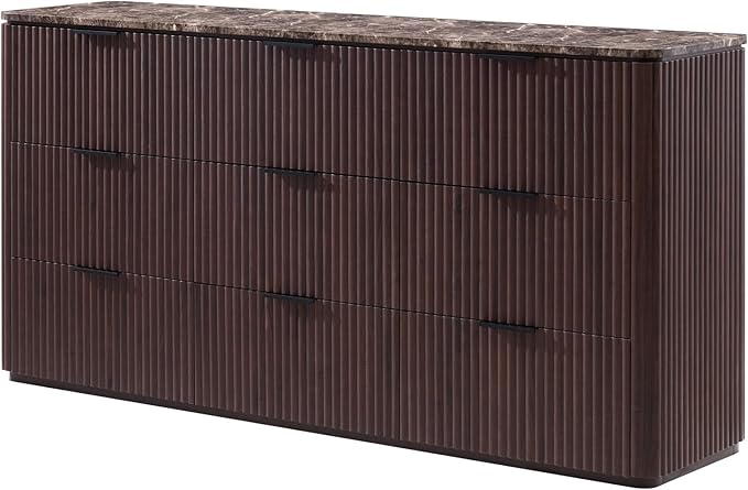 Fluted 9 Drawer Dresser for Bedroom, 63" Wide Modern Chest of Drawers with Faux Marble Top, Curved Corners, Wooden Dresser TV Stand with Organizer Storage for Living Room (Dark Oak, 63" W)