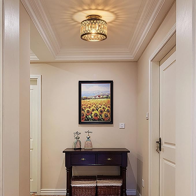 Crystal Ceiling Light Fixture, Modern Semi Flush Mount Ceiling Light,Crystal for Kitchen Bedroom Bathroom Entryway Black (Bulb not Included)