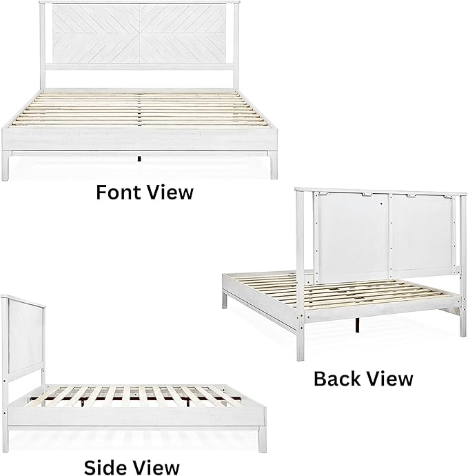 Bme Vivian 14 Inch Deluxe Bed Frame with Headboard, Rustic & Scandinavian Style with Solid Acacia Wood, No Box Spring Needed, 12 Strong Wood Slat Support, Easy Assembly, King, Rustic White