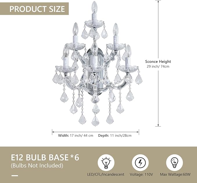 Modern Crystal Wall Sconce Lights- 6 Light Maria Theresa Crystal Wall Sconces Lighting Chrome Wall Lamp Chandelier Light Fixtures for Living Room Wall Sconce Light Walls Mounted Lamp