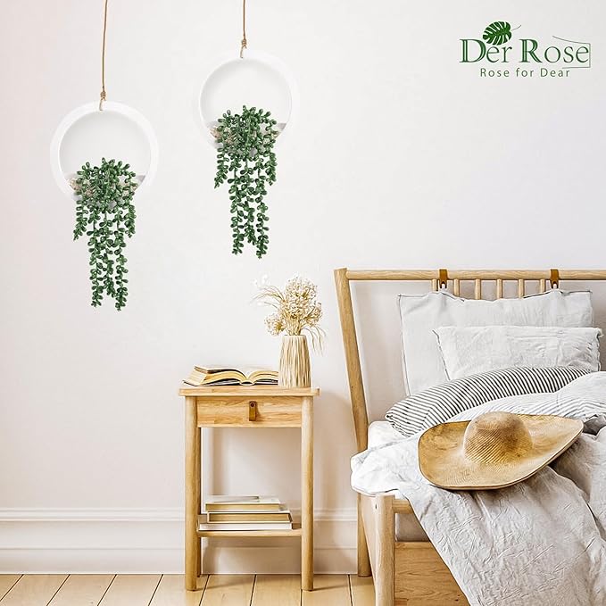 Der Rose 2 Pack Fake Plants Hanging Artificial Succulents Plants in White Pots for Living Room Bathroom Accessories Boho Wall Decor