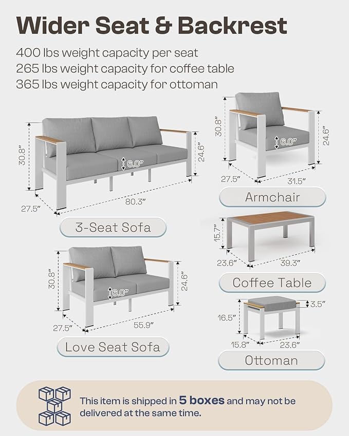 Aluminum Outdoor Patio Furniture Set with Table, 7 Piece Patio Conversation Sets Outdoor Chair with Thick Cushion, Ottomans, Patio Sectional Furniture Set for Porch, Balcony, Deck, Yard, White