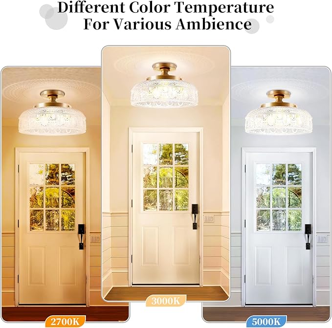 Lamomo Semi Flush Mount Ceiling Light, Upgraded Larger Golden Hallway Light Fixture, 3-Bulb Globe Glass Close to Ceiling Scone,Indoor Hanging Light for Bedroom Kitchen Porch Hallway,Bulbs Not Included