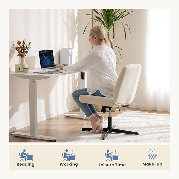 DUMOS Criss Cross Chair No Wheels Wide Cross Legged Desk Vanity Chair Comfy Fabric Armless Adjustable Swivel for Home Computer Task (Beige)