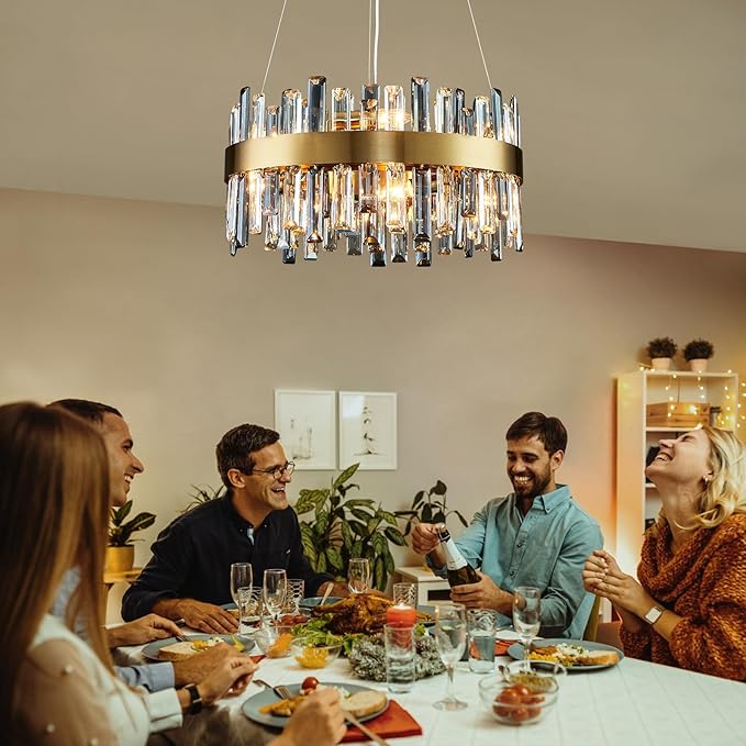 Siljoy 12-Light Modern Crystal Chandelier Luxury Gold 2-Tiers K9 Crystal Raindrop Chandelier Pendant Ceiling Light Fixture for Living Dining Room Kitchen Island Bedroom Foyer D19.7''