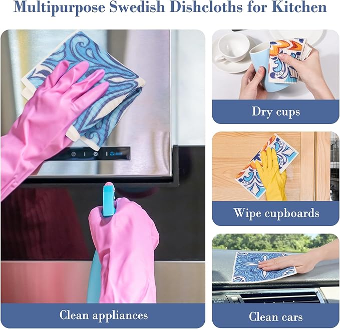 Lucomb 8 Pack Swedish Dish Cloths Reusable Washable Cellulose Sponge Rags Quick Dry Non Scratch Kitchen Cleaning