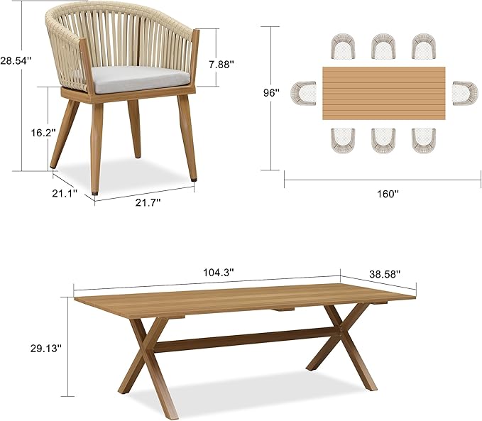 PURPLE LEAF 9 Piece Longer Outdoor Dining Set with Patio Aluminium Dining Table and Wicker Chairs Modern Furniture Cushions Sets for Backyard Indoor Decor Kitchen Teak