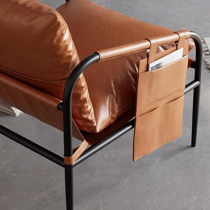homary Brown Leather Accent Chair for Living Room Metal Frame, Padded Arms Side Pockets Granular Cotton Filling (Black & Brown)