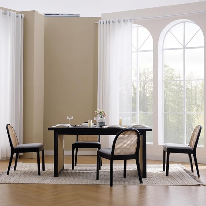 Mid Century Dining Chairs Set of 6, Rattan Side Chairs Linen Fabric Kitchen Chair with Solid Wooden Legs for Living Room Dining Room, Grey