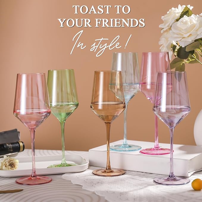 Physkoa 15oz Colored Wine Glasses Set of 6 – Elegant Long Stem Glassware for Wine, Party, Dinner, Housewarming, Birthday or Holiday Gift
